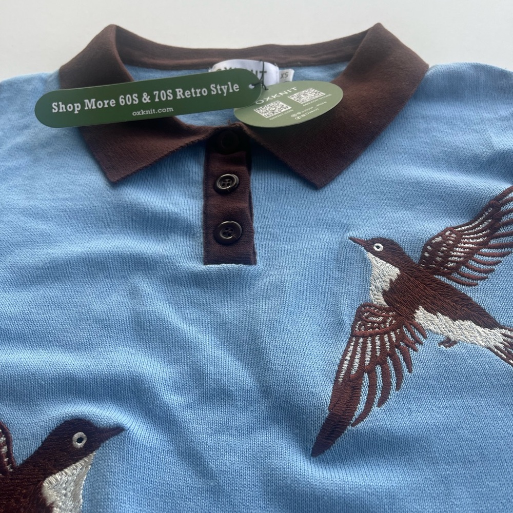 Blue and Brown Bird Embroidered Women's Sweater - Picture 4 of 11